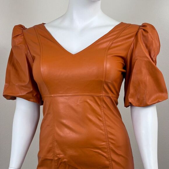 Lulus Play a Tune Size L Rust Orange Vegan Leather Puff Sleeve Mini Party Dress - Picture 3 of 12